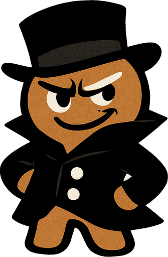 Bana biraz sinsi gülüş atan, siyah şapkası ve giysisi olan bir kurabiye çiz (Asil dursun) ..
In-Game asset.  2d.  High contrast.  No shadows