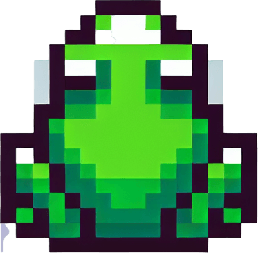 pixel art of a flat green frog, top down view.
White background, high contrast, shadowless.