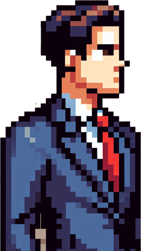 8-bit. cartoon. fancy office person. suit. seen from the side. in game assset. Single Game Texture. In-Game asset. 2d. Blank background. High contrast. No shadows.