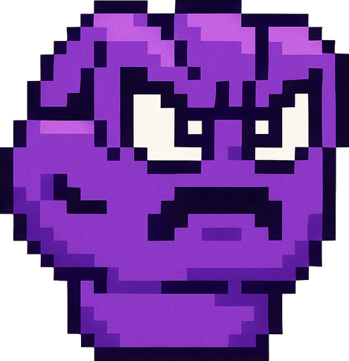 make a purple 2d pixel punch with eyes and angry face.
In-Game asset.  2d.  High contrast.  No shadows