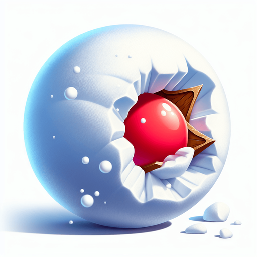 a red nut hidden in a snowball, side view, cartoon.
Single Game Texture. In-Game asset. 2d. Blank background. High contrast. No shadows.