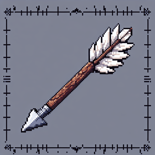 A wooden arrow with white feathers and a steel arrow head. Horizontal. Pixel art.
Single Game Texture.  In-Game asset.  2d.  Blank background.  High contrast.  No shadows