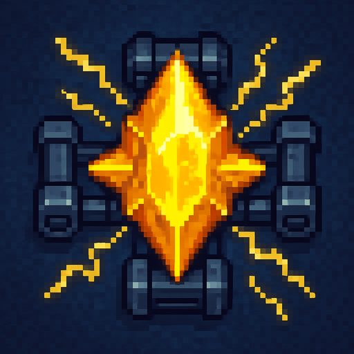 top down pixel art, energy crystal, yellow, spiky, charged, held on all sides by sci fi metal clamps
In-Game asset.  2d.  High contrast.  No shadows