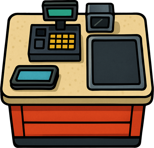 Üzerinde meyve, sebze gibi ürün bulundurmayan; market kasa bankosu. Üstten görünüm..
In-Game asset.  2d.  High contrast.  No shadows