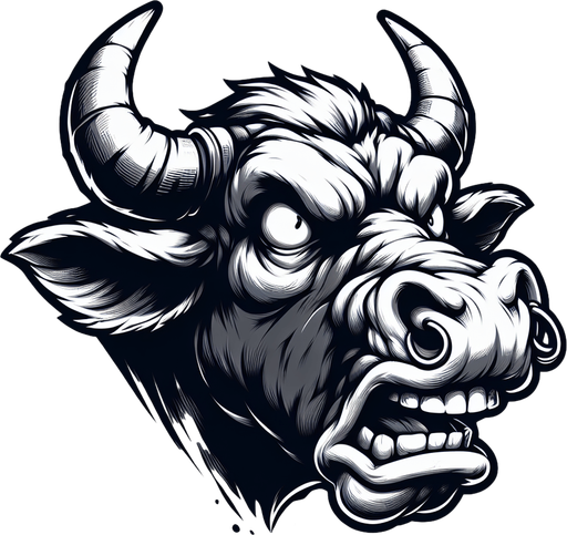 angry cow. Side portrait. 
Single Game Texture.  In-Game asset.  2d.  Blank background.  High contrast.  No shadows