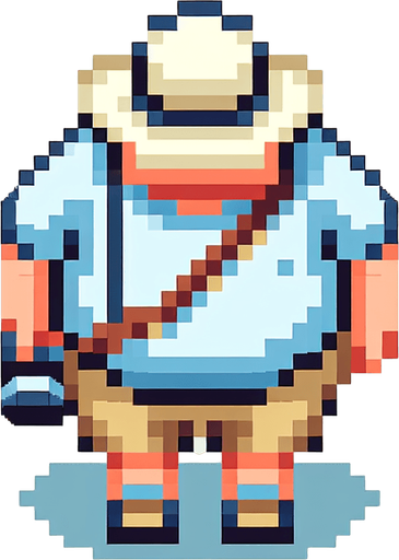 fat white tourist, from above, top down, flat, 8bit style, pixelart.
Single Game Texture. In-Game asset. 2d. Blank background. High contrast. No shadows.