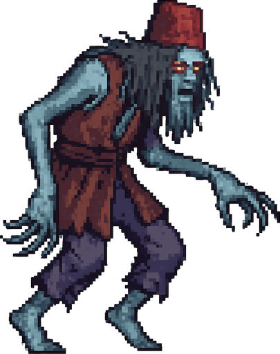 Create a pixel-art monster character inspired by Turkish folklore, specifically "Gulyabani" – a tall, lanky, ghostly creature with pale, bluish-gray skin, long tangled hair covering parts of its face, and glowing red eyes. It should wear torn Ottoman-style rags, with long sharp fingers and a hunched back. Its movement should look floaty and eerie. Style should match 2D retro horror games. Transparent background PNG, facing left side, idle stance..
In-Game asset.  2d.  High contrast.  No shadows