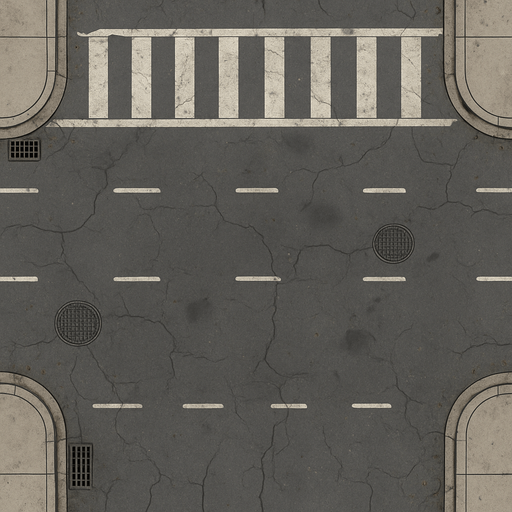 A highly detailed 2D top-down view of an urban asphalt road with multiple lanes, crosswalks, lane markings, realistic cracks, manholes, faded paint, and small debris like leaves or pebbles. Include sidewalks with curbs, drainage grates, and subtle oil stains. The scene should reflect a realistic city environment, with attention to texture and lighting for depth. The illustration style should be clean yet rich in detail, combining technical drawing precision with artistic shading.
In-Game asset.  2d.  High contrast.  No shadows