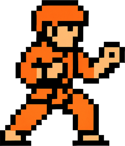 An orange fighter karate 8 bit style.
In-Game asset.  2d.  High contrast.  No shadows