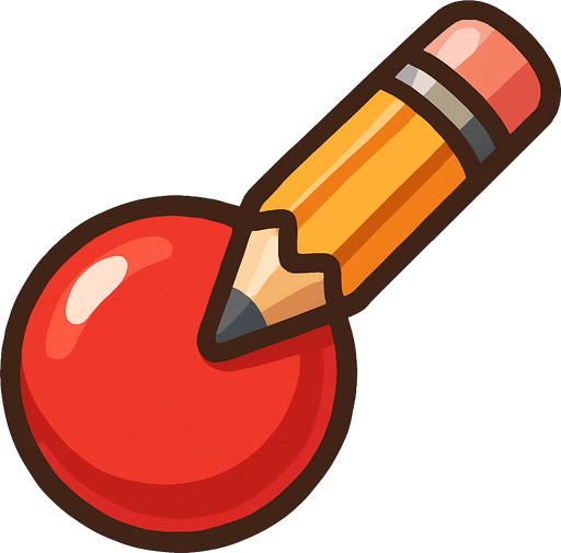 Yuvarlak bir şeker ve üstünde ona ucu değen sağ üstte bir kalem.
In-Game asset.  2d.  High contrast.  No shadows