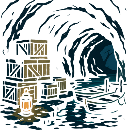 A dark sea cave used by smugglers, crates stacked on wet stone, rusty lanterns casting weak light, small boats tied to hidden docks.
In-Game asset.  2d.  High contrast.  No shadows