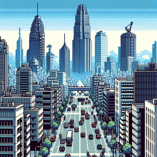 city with skyscrapers with a big street at the bottom.
in-Game background asset. 2d. High contrast. No shadows. 8bit.