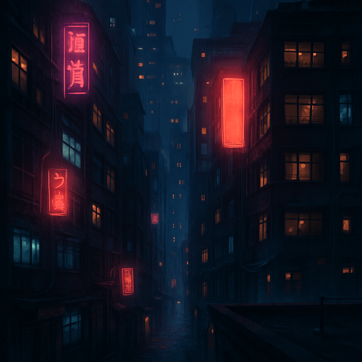 A dark, cyberpunk-style photo background (city, alley, rooftop, etc.)

Neon lighting, ambient flickers, and animated details for atmosphere.Creat more building and more windows could I see..
2d