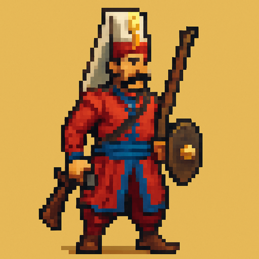 pixel detailed A Janissary of the Ottoman Empire.
In-Game asset.  2d.  High contrast.  No shadows