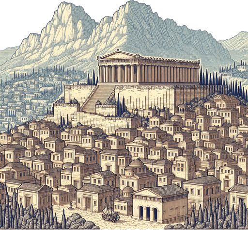 An animated image of an ancient greek city with an Acropolis.
Single Game Texture. In-Game asset. 2d. Blank background. High contrast. No shadows.