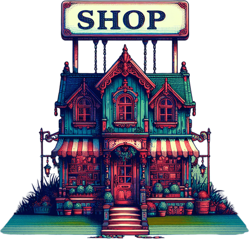 House from the front facing the screen with big sign above it have description "SHOP", Hd colors