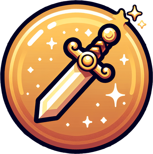 Golden glittery magic sword button..
Single Game Texture. In-Game asset. 2d. Blank background. High contrast. No shadows.