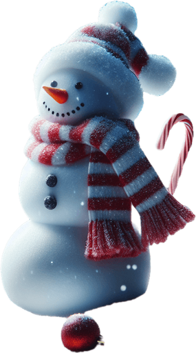 a feeric christmas landscape at night with a snow man , candy canes ,holly leafs and snow flakes, Background image