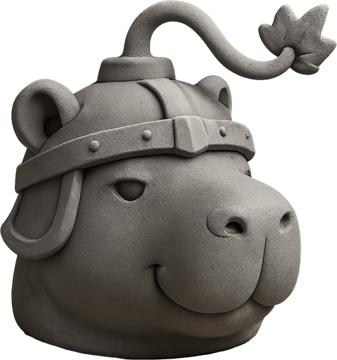 Recrealo en una escultura. Utiliza un estilo cartoon. Usas colores grises. Recuerda que es un capibara usas sus rasgos y formas. Damelo sin fondo