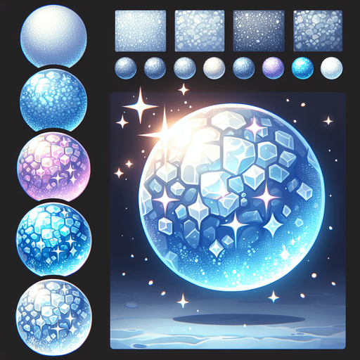 Frozen round ball sparkling with effects.
Single Game Texture. In-Game asset. 2d. Blank background. High contrast. No shadows.