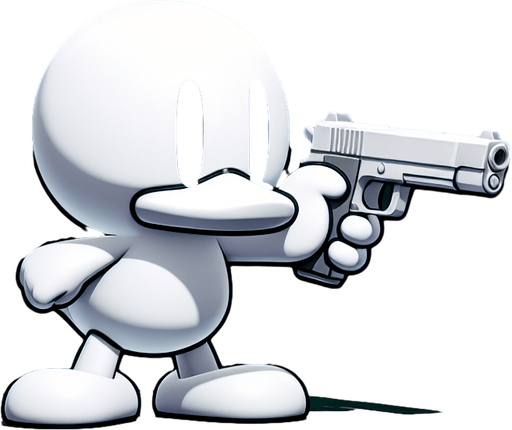 Белая мультяшная утка держит ружье и направляет в экран..
Single Game Texture. In-Game asset. 2d. Blank background. High contrast. No shadows.