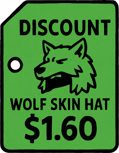 green price tag that says discount wolf skin hat $1.60.
In-Game asset.  2d.  High contrast.  No shadows
