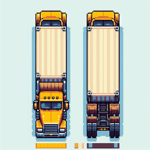 "Top-down view of a long yellow truck with a brown or white cargo container, pixel art style, 64x128 size, minimal retro arcade design, designed for a mobile endless driving game, clearly visible front cab and rear body, vertical orientation.".
Single Game Texture.  In-Game asset.  2d.  Blank background.  High contrast.  No shadows