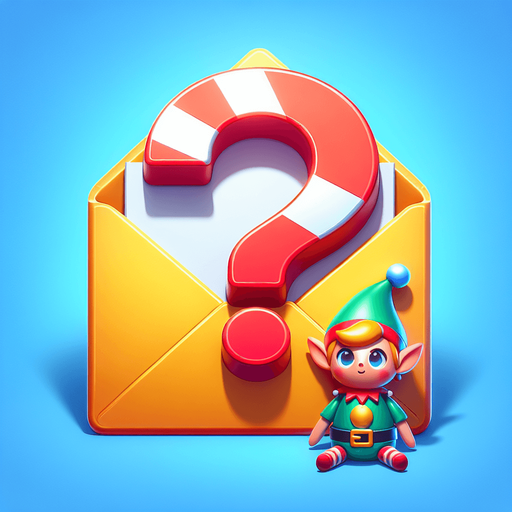 a cartoon envelope with an toy elf on it holding a questionmark.
Single Game Texture. In-Game asset. 2d. Blank background. High contrast. No shadows.
