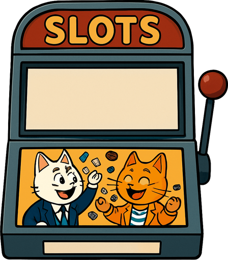 An electronic slots machine with the word Slots at the top. The section where the reels should be is a big empty rectangular window, no background. Underneath that window have a smaller graphic of the cats from this picture throwing chips into the air as a picture on the face of the slots machine. Like they’ve won a jackpot. Include the part where the buttons are, but have that part blank with no buttons. Background behind the image is white.