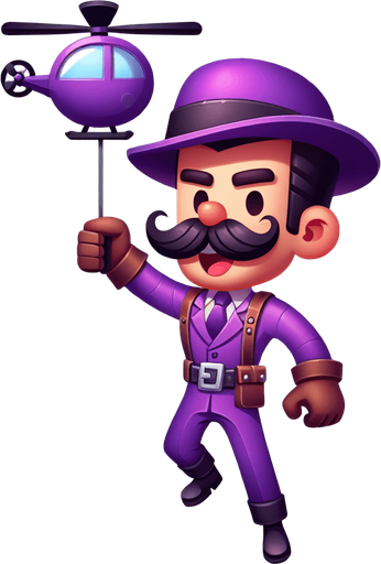 Waluigi flying a helicopter.
Single Game Texture.  In-Game asset.  2d.  Blank background.  High contrast.  No shadows