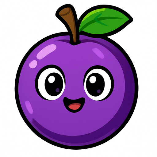 Ciruela Fruta con ojos lindos.
In-Game asset.  2d.  High contrast.  No shadows. Cartoon.