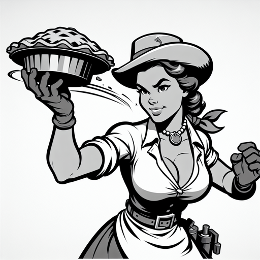 upper torso of a western cartoon barladygetting ready to throw a pie. front view.
Single Game Texture. In-Game asset. 2d. Blank background. High contrast. No shadows.