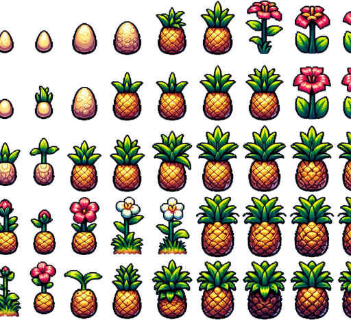A spritesheet showing a pineapple plant in various stages of germantion, from seed over sapling, to bloom and to full grown plant, and then the ripe fruit. The sprites should be laid out in a rectangular grid with blank space between them.. Single Game Texture. In-Game asset. 2d. Blank background. High contrast. No shadows..
Single Game Texture. In-Game asset. 2d. Blank background. High contrast. No shadows.
