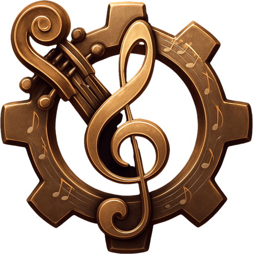 Design an icon for the Settings menu in a fantasy tower defense game set in a haunted concert hall. The icon should be a stylized gear or cogwheel, but with a musical twist: integrate treble clefs, tuning pegs, or parts of old instruments (like violin scrolls or piano strings) into the gear design.

Use metallic textures (bronze, dark gold, or polished silver), with soft magical glow or engraved music notes along the edges.
Background should be subtle—deep velvet or dark wood, with ambient lighting to highlight the gear.

Icon must be square (256×256 px), readable at small sizes, and include no text.
Style: elegant, orchestral fantasy UI—matching the tone of a classical concert hall with magical elements..
In-Game asset.  2d.  High contrast.  No shadows