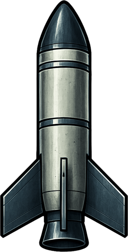 Füze, üstten görünüm, gerçekçi, yazısız.
In-Game asset.  High contrast.  No shadows