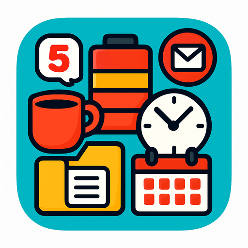 Modern App Store icon, high definition, square with rounded corners, for a game titled "FOMO Simulator: The Meeting That Could've Been An Email" and with the description "A fast-paced office simulator where you collect meetings, emails, and notifications while managing your energy levels. Strategic decisions must be made about which workplace items to prioritize as your energy depletes. Grab coffee for boosts, avoid missing important meetings, and survive the chaotic 60-second workday!". No text on icon!.
In-Game asset.  2d.  High contrast.  No shadows