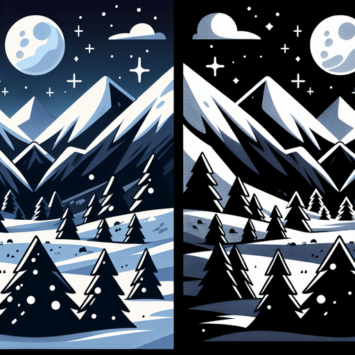 Mountain valley with snowy trees. Scenic view. Nighttime. Cartoon. Black background. New moon
Single Game Texture. In-Game asset. 2d. Blank background. High contrast. No shadows.