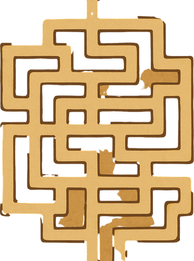 Top-down map asset for a TD game. Imagine a single, contiguous ribbon laid across a canyon floor; this ribbon is the path. It is a unicursal maze, meaning it's a single, non-branching route that twists through the map in a complex, grid-like pattern. The path has absolutely no junctions or alternative routes. The path starts at the top-middle edge and the very same path ends at the bottom-middle edge. The path is flanked by wide, flat, sandy plateaus that are completely barren for building. The map is framed by large, decorative sandstone formations pushed to the far edges, which do not intrude on the central play area. Semi-realistic style. --no towers, no buildings, no characters, no junctions.
In-Game asset.  2d.  High contrast.  No shadows
