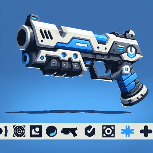 A cartoon-style toy gun with a futuristic design, mainly blue with white and black details, a large trigger, and a barrel that shoots darts.".
Single Game Texture.  In-Game asset.  2d.  Blank background.  High contrast.  No shadows