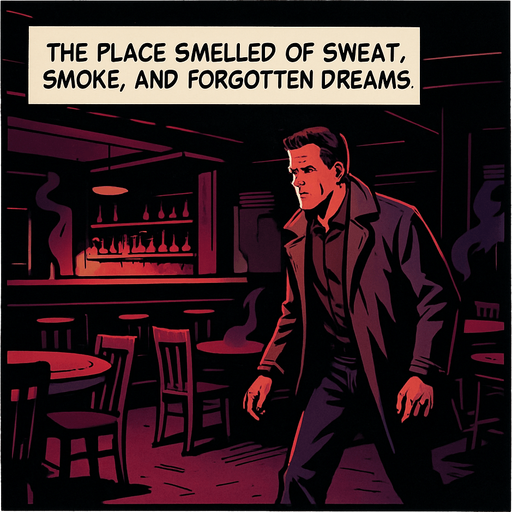A comic panel styled like a square photo print with a clean white border. Realistic comic art. Scene: Inside a dimly lit bar, red and purple hues, empty chairs, bar counter glowing faintly. Noah walks in cautiously. Narrator box at the top reads: “The place smelled of sweat, smoke, and forgotten dreams.”.
In-Game asset.  2d.  High contrast.  No shadows