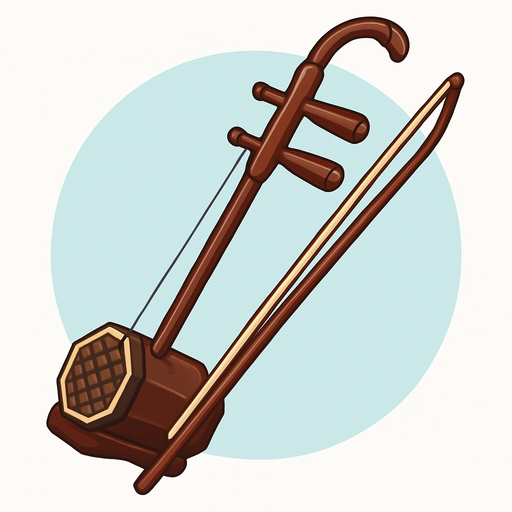 A clean 2D illustration of a traditional Chinese erhu string instrument, showing the bow and curved neck. Stylized with soft shadows, light highlights, and a transparent rounded background for use in educational games..
In-Game asset.  2d.  High contrast.  No shadows