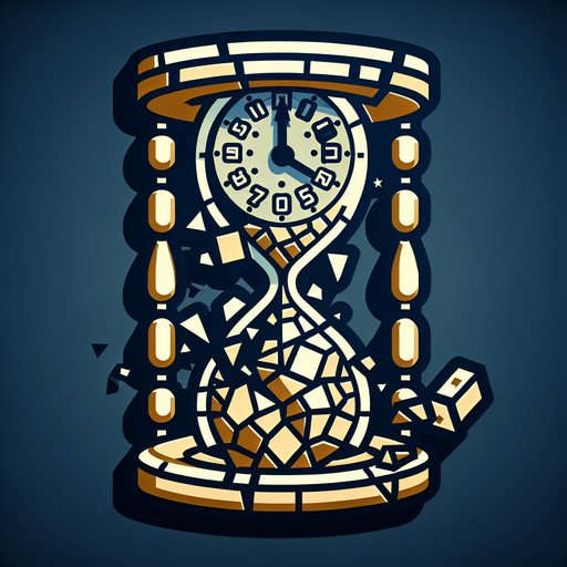 A clock face or hourglass that is visibly cracked or shattering. Could also be a die symbol mid-roll or showing multiple faces at once..
Single Game Texture.  In-Game asset.  2d.  Blank background.  High contrast.  No shadows