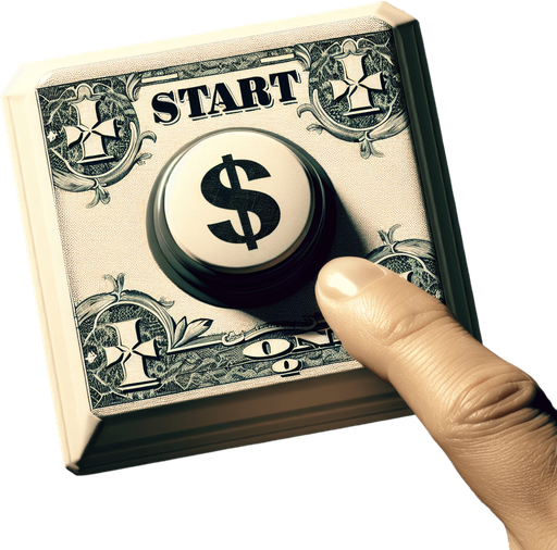 face view of a big start button in the shape of a dollar bill.
video game style