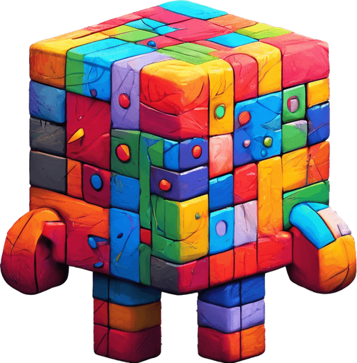 A little cube person. 2 legs. back to viewer. facing 45 degrees to the right. multicoloured skin, cartoon style.  Holding a big arrow point at 45 degress up