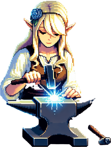 A blonde elf with long hair and a serious expression, working at an anvil in the center of the screen. The scene takes place in a magical forge inside a forest cabin, with a glowing hearth in the background. The elf is surrounded by blue, green, and red crystals, adding an enchanting atmosphere to the room. The warm glow of the fire and the shimmering crystals illuminate the elf's focused face and her skilled work..
Single Game Texture.  In-Game asset.  2d.  Blank background.  High contrast.  No shadows. pixel art