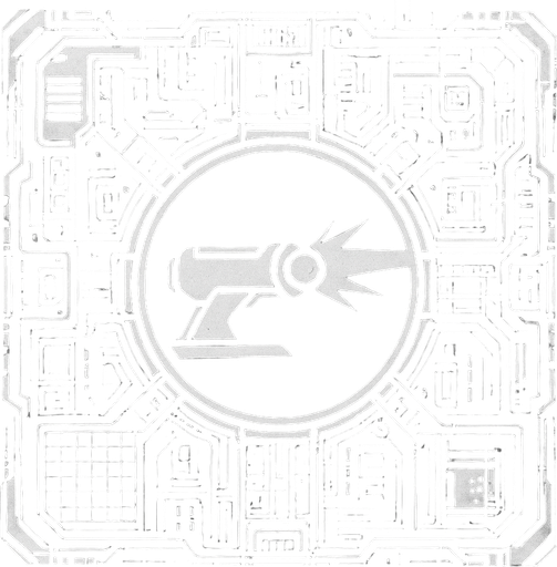 2D Top floor of complicated tower facing the screen to use it as a grid. future. Cyberpunk. abstract. seen from above. HD colors. Black & white colors. No Diagonal assets. Big logo of a cannon firing on the middle of it.