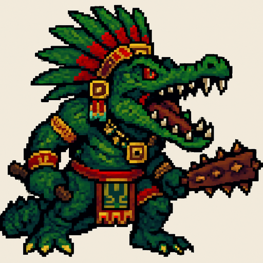 Genérame una Caiman llanero guerrero azteca con eso patrones, estilo pixelar, con una apariencia maligna, ojos rojos, rabioso. Unidad cuerpo a cuerpo. Animal.
In-Game asset.  2d.  High contrast.  No shadows