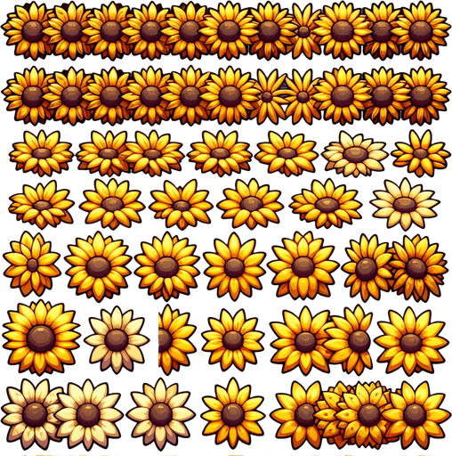 A sprite sheet of different yellow sunflowers seen from above. Cartoon. All similar size. Just the blossom. Bold colors and shading. 
Single Game Texture. In-Game asset. 2d. Blank background. High contrast. No shadows.