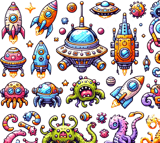 Spritesheet, Including spaceships, UFOs, Boss monster, Space monster...
Studio Ghibli. Mobile game. Colorful. hand drawn. cute, fun. In-Game asset. 2d. Blank background. High contrast. No shadows.
