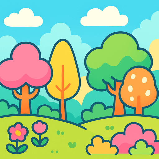 Un fondo colorido y brillante estilo caricatura. La escena es un bosque abierto alegre con colores pastel vibrantes, formas suaves y redondeadas, y un cielo azul claro con nubes esponjosas. El estilo es kawaii, juguetón y fantástico, con líneas suaves y una atmósfera feliz y amigable, perfecto para una introducción divertida y cute de un juego.
In-Game asset.  2d.  High contrast.  No shadows